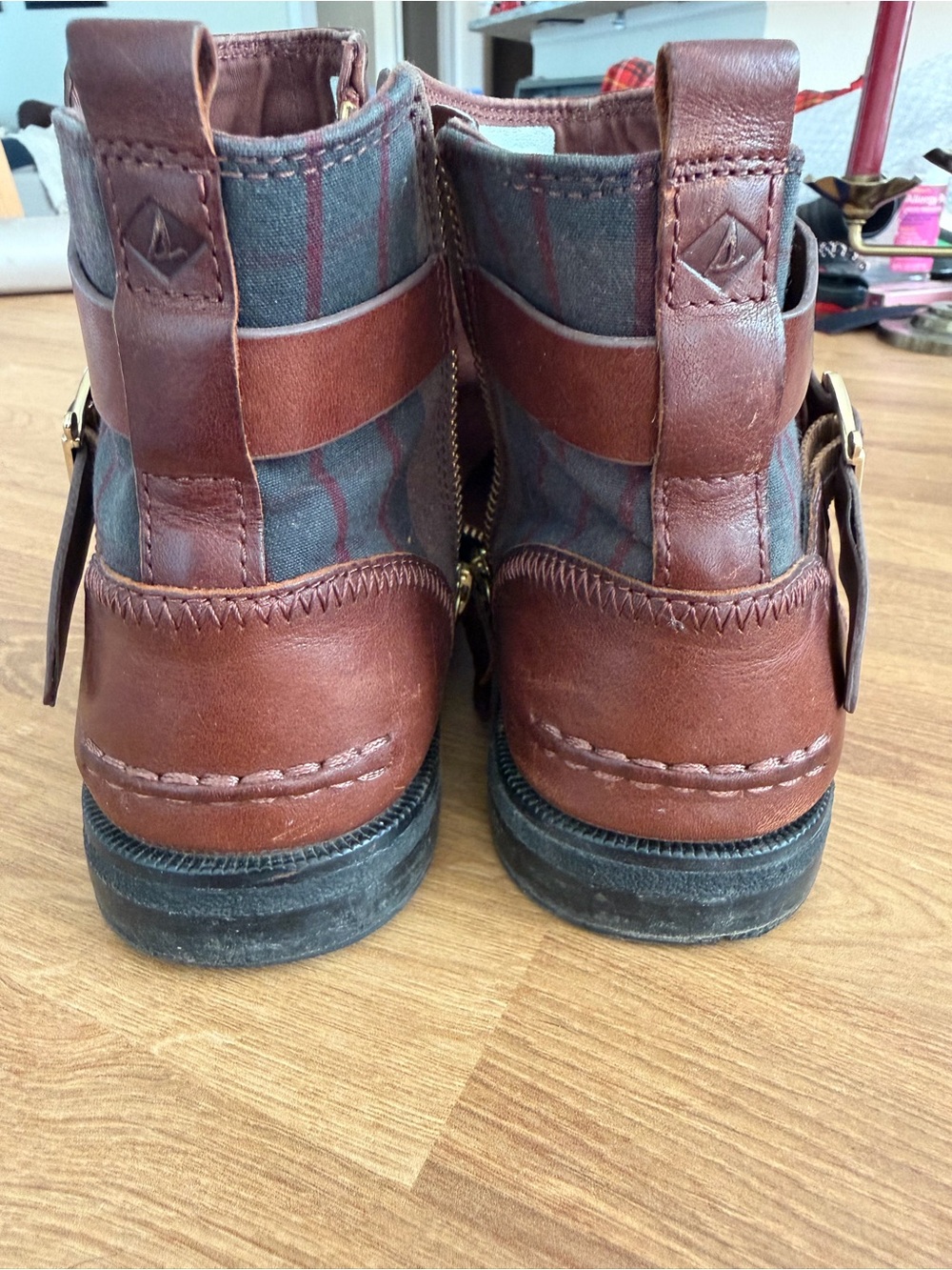 Sperry Women's Brown Leather Plaid Ankle Booties with Buckle Strap - Picture 3 of 5